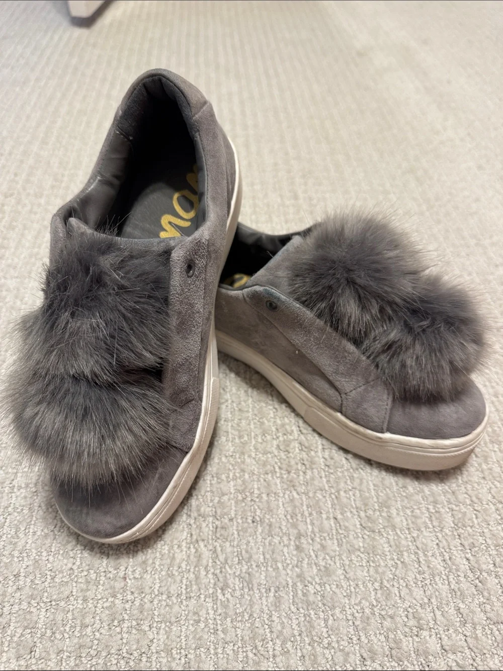 Sam Edelman Vintage Gray Faux Fur Pom Slip-On Plaform Sneakers